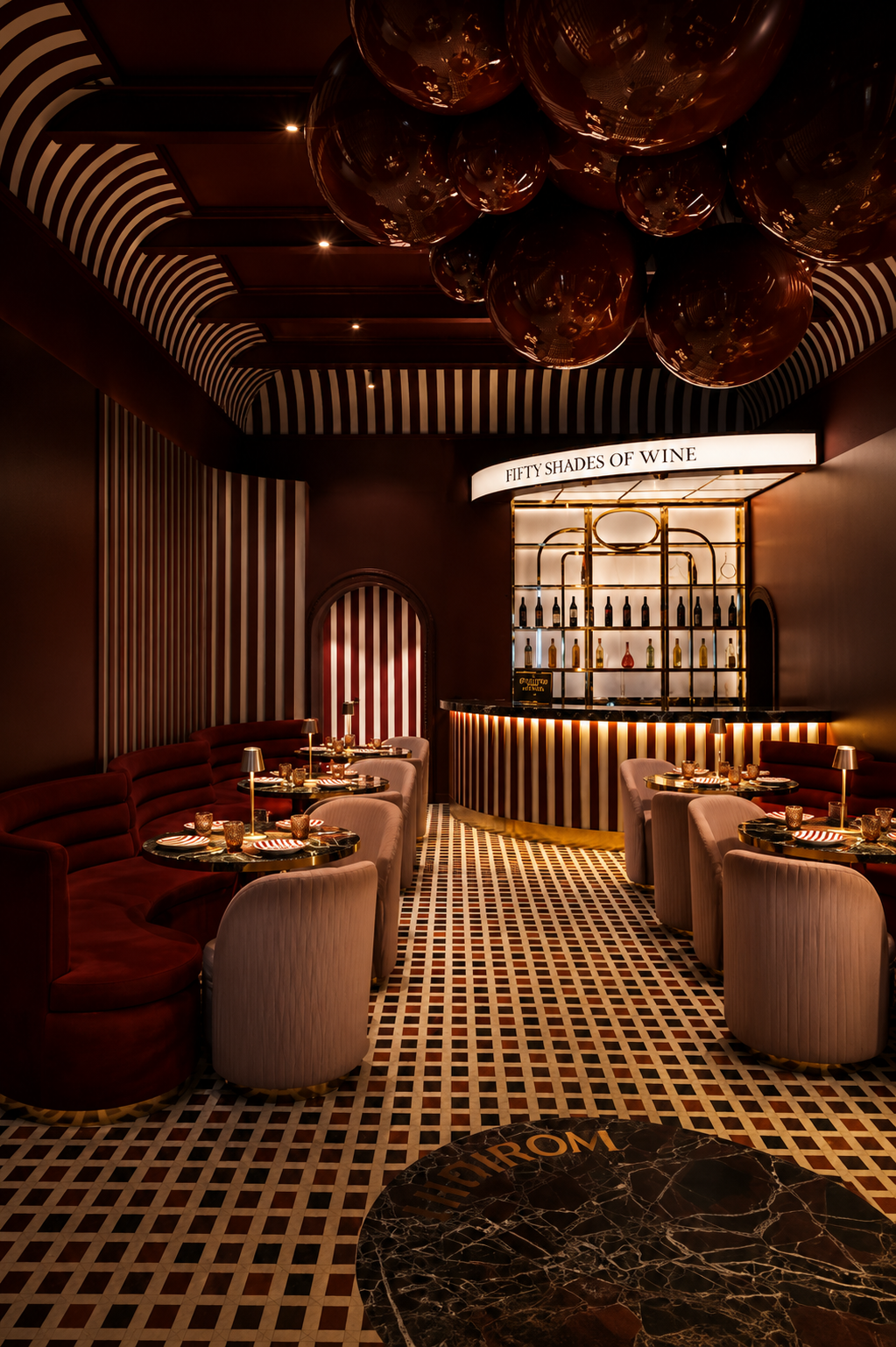 Hand-laid oxblood and ivory checkerboard terrazzo floor